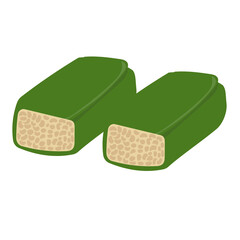 Gambar tempe vector illustration, cartoon raw tempeh clip art isolated on white background, tempe mentah wrapped in banana leaves, tempeh flat icon, indonesian traditional food