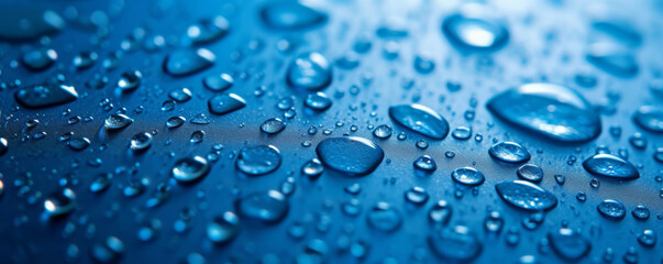 Water droplets on a blue surface, close