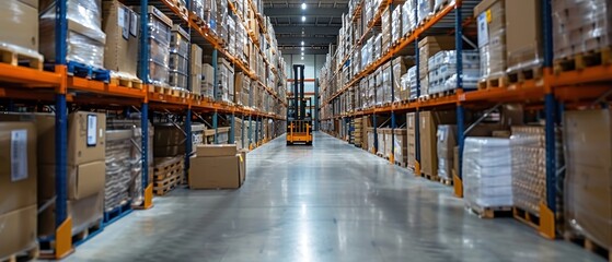Fototapeta premium Efficient Warehouse Workers Organizing Inventory with Forklifts and Scanners in Large Storage Facility