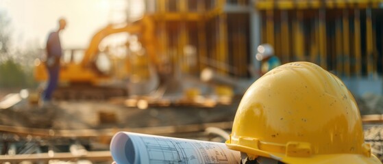 Fototapeta premium Professional Engineers Reviewing Blueprints and Discussing Progress at Construction Site with Outdoor Setting and Equipment