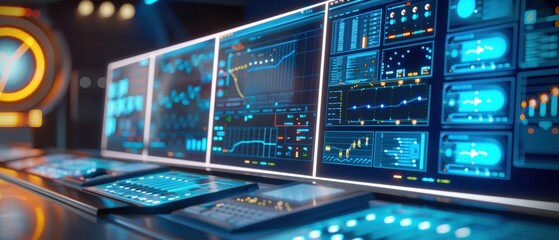 Obraz premium Digitally Displayed Electricity Data in High-Resolution Screens with Office Background for Copy Space Usage