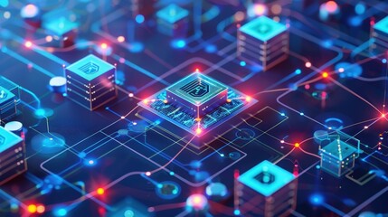 Futuristic digital circuit board with glowing microchips and vibrant lights, ideal for technology and innovation themes.