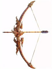 In the ancient art of Thai Khon, the bow and arrow are employed as tools of combat for both protagonists and antagonists, shown against a blank backdrop.