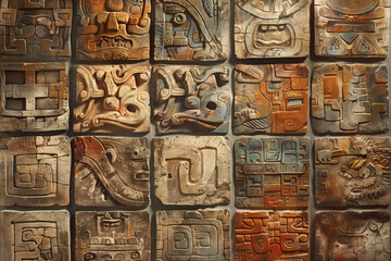 wallpaper showcasing Mayan glyphs and symbols, with a stone-like texture and earthy colors that reflect ancient Mesoamerican culture