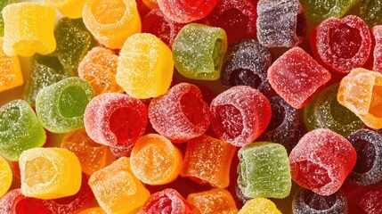 A close-up photo of colorful gummy candies. This photo is perfect for advertisements or designs related to sugary treats, sweets, or childhood nostalgia.