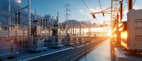 Naklejka premium Futuristic Digital Electricity Production Plant with Wide View Under Clear Sky