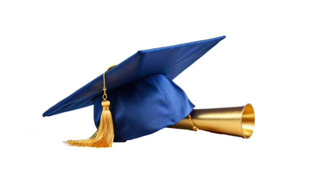 blue graduation hat gold tassel isolated on white background
