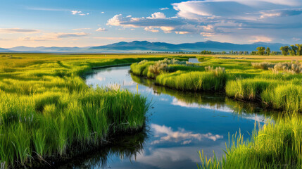 Serene landscape with a winding river reflecting the sky, surrounded by lush green grass and distant mountains under a blue sky