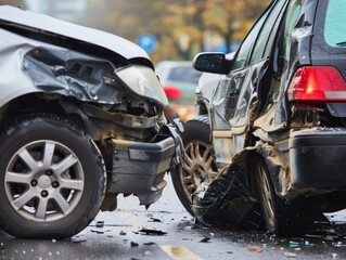 Collided Vehicles in Car Accident with Smashed Fenders and Damage on the Road