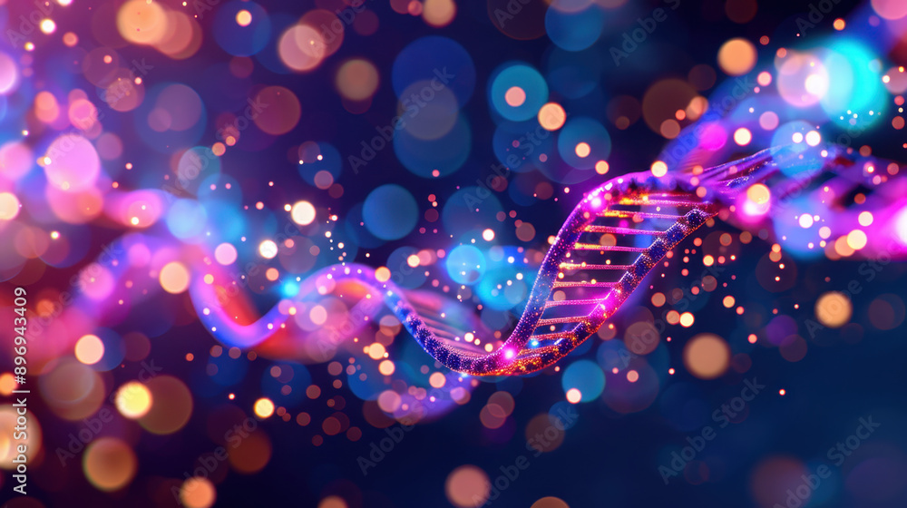 Poster abstract representation of dna double helix surrounded by colorful bokeh lights, symbolizing genetic