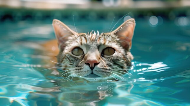 Playful Cat Enjoying a Swim in the Pool on a Summer Day