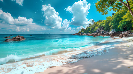 Fototapeta premium Beautiful beach and blue sky in Similan islands, Thailand. Vacation holidays background wallpaper. View of nice tropical beach. Panorama of travel summer holiday background concept.