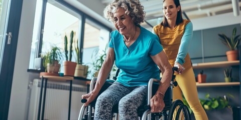 Fototapeta premium Therapist aiding elderly woman in rising from wheelchair at residence.