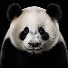 Fototapeta premium Close-up of a young giant panda cub with fluffy fur and captivating black eyes, exuding wonder and innocence against a dark backdrop. Ideal for wildlife photography enthusiasts.