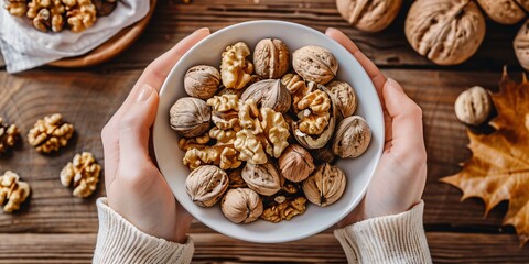 Fototapeta premium Handful of whole walnuts in woman's hands on wooden background, top view. Fresh and nutritious snack.
