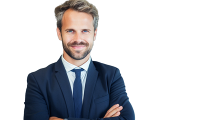 Smiling of male boss or director in formal suit on transparent background.
