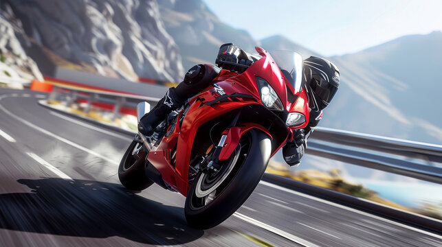 A motorcyclist races around a bend at high speed on a sleek red sports bike.