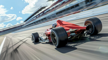 A race car whizzes by on a race track. Fast-paced racing filled with competition. Track encircles the road. Background is a blur of speed. This is a 3D rendering.
