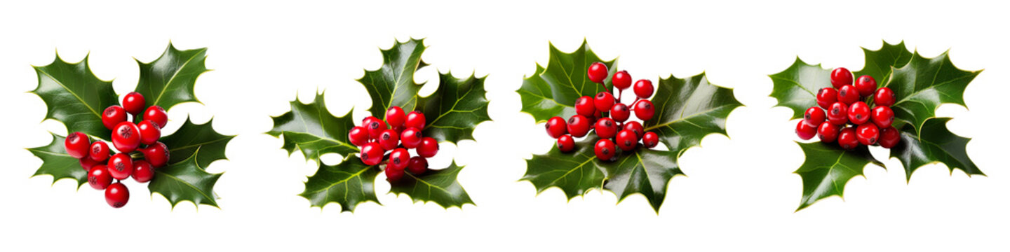 Collection set of holly leaves with berries isolated on transparent background