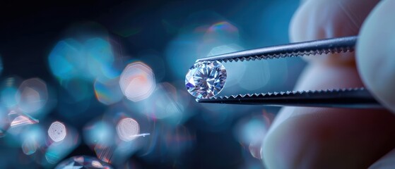 Precision Inspection of Diamond with Tweezers, Close-up Examination of Sparkling Gemstone
