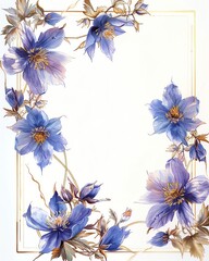 Elegant floral frame with blue flowers and gold accents, perfect for invitations, greeting cards, or decorative designs.