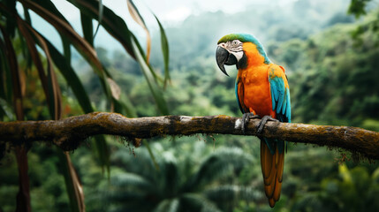 Obraz premium A vibrant macaw parrot perched on a branch with a lush, tropical forest in the background. The bird features bright orange, blue, and green feathers.