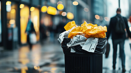 Overflowing trash bin with newspapers and yellow bags on city street with blurred pedestrians and store fronts in background.
