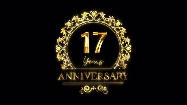 17th Anniversary Celebration. Happy 17 Years Anniversary Animation in Gold Color on the Transparent Background, Alpha Channel. Great for greetings, celebrations, events, and gifts.
