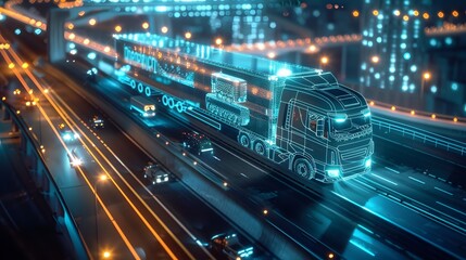 Fototapeta premium Futuristic Semi Truck Driving on Highway with Blue Neon Lights