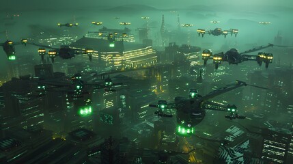 Naklejka premium Futuristic Cityscape with Flying Vehicles