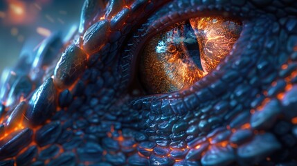 closeup of the eye and iris of an angry dragon, with detailed scales visible around its eyes