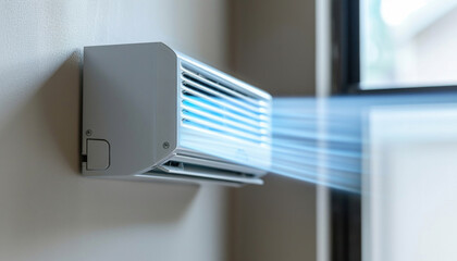 A white air conditioning unit is positioned next to a window, releasing cool air