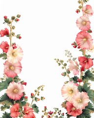 Fototapeta premium Elegant floral frame with delicate pink and white flowers on a white background, perfect for invitations, greeting cards, and wedding designs.