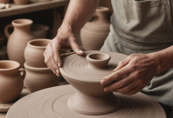  A person attending a pottery class, shaping clay on a spinning wheel with focused concentration. 