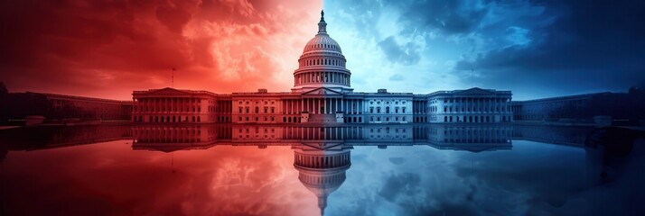 US Capitol split in half, blue and red colors.