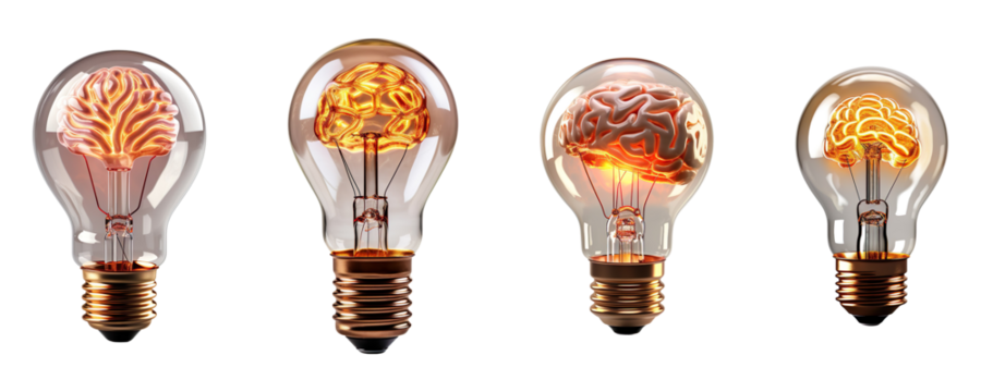 Collection set of lightbulbs With Brain isolated on transparent background