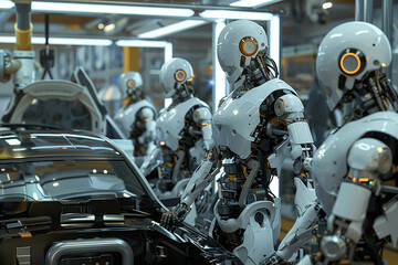 Fototapeta premium Robots in a high-tech factory working on an assembly line, representing the future of automation and manufacturing.