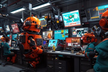 Fototapeta premium An_illustration_of_a_bustling_newsroom_with_a_focus_o