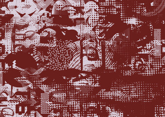 Glitch distorted grungy abstract forms . Cyber punk seamless pattern texture. Halftone dots .Futuristic background . Glitched shapes with dots and lines .Screen print endless pattern texture