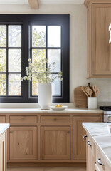 modern Spanish style house with large windows and black steel frames, white