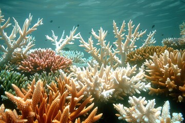 Crystal clear water  shallow reefs with corals in Bangka Island.