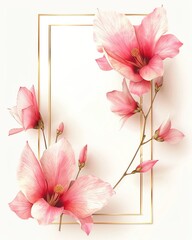 Elegant floral frame with pink flowers and golden lines, perfect for decorative designs and invitations.