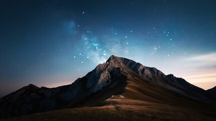 Scenic night landscape of a rocky mountain under a starry sky with a visible path leading towards the peak.