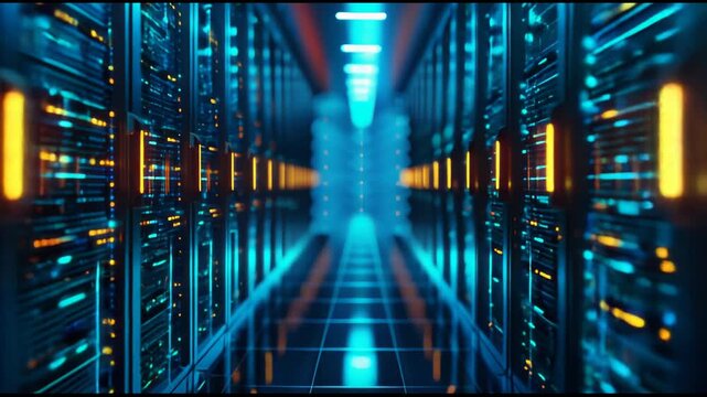 forward camera movement through a hallway within a data center illuminated by blue and orange lights