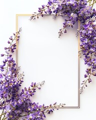 Elegant floral frame with purple flowers and gold border on white background, perfect for invitations, cards, or seasonal greetings.