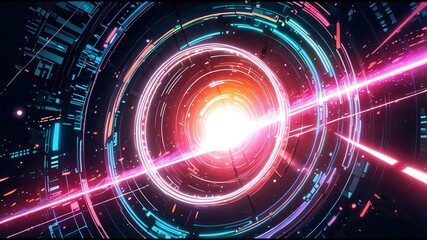 An abstract, high-tech portal or tunnel consisting of concentric circles and lines illuminated in bright neon colors. At the center of the composition is an intense light source, AI, background image