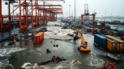 Flooded shipping port with orange cranes, submerged machinery and cargo containers, and significant debris