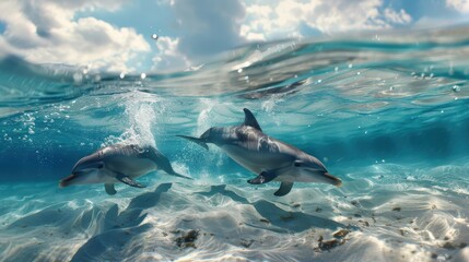 Fototapeta premium A mother dolphin teaches her calf to leap and play in the waves.