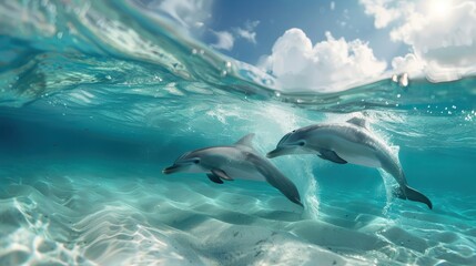 Obraz premium A mother dolphin teaches her calf to leap and play in the waves.