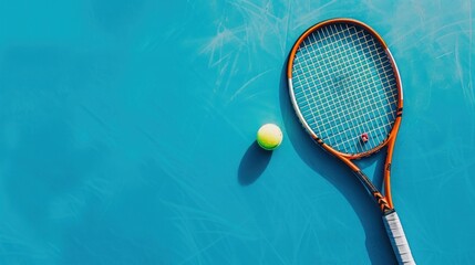 Tennis Racket and Ball on Blue Court